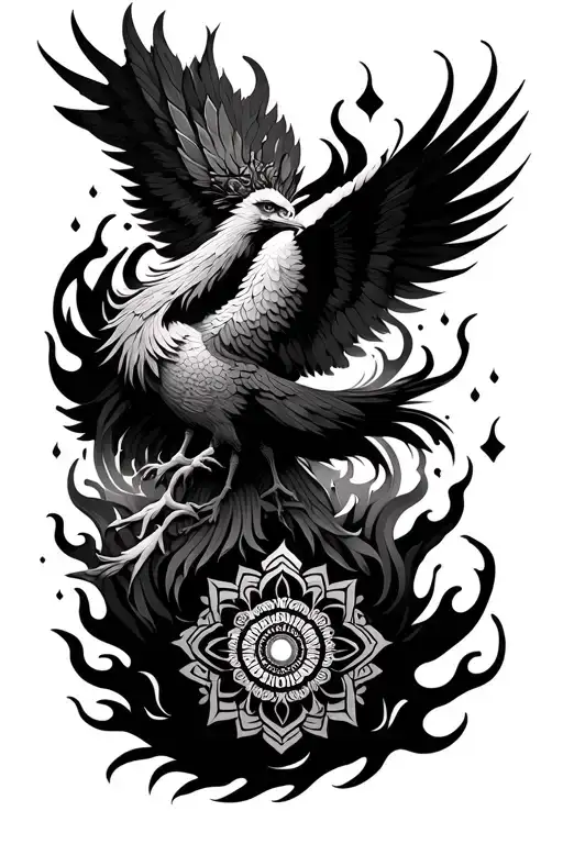 Tattoo sleeve design with phoenix, goddess, flames, mandala, Sanskrit vibe – black and grey, for inner forearm to outer  tattoo design idea