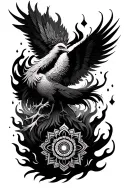 Tattoo sleeve design with phoenix, goddess, flames, mandala, Sanskrit vibe – black and grey, for inner forearm to outer  tattoo design idea