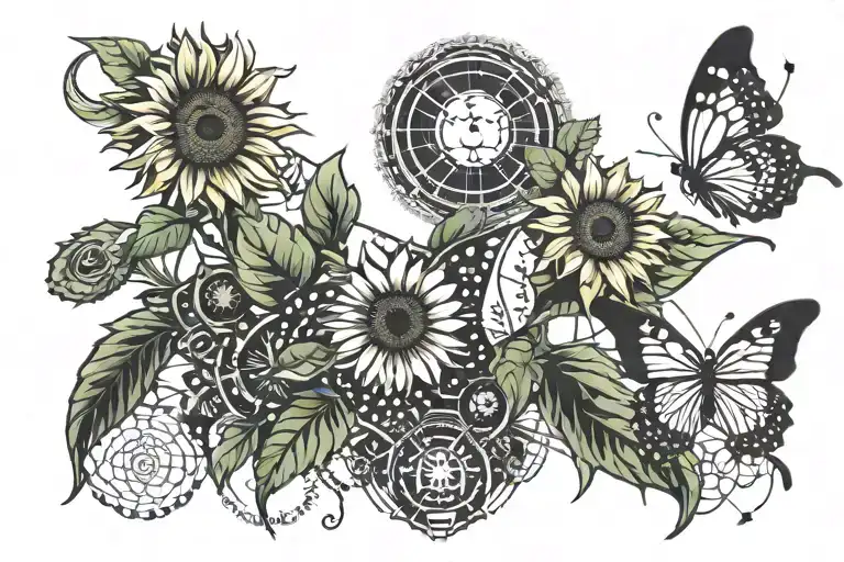 sunflower with butterflies and moon merging together tattoo design idea