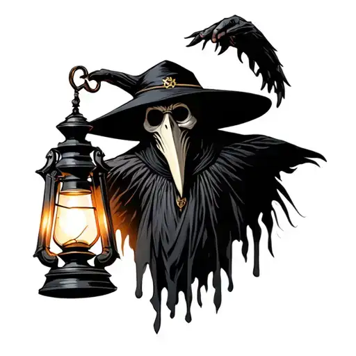 a long beaked plague doctor seen from the sternum up holding a gothic lantern forward in forced perspective. tattoo design idea