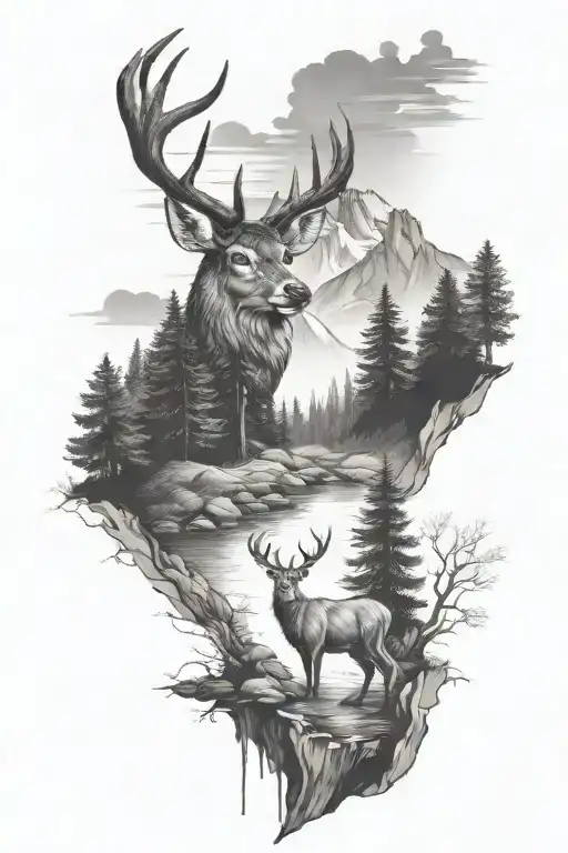 trees and  stream with mountains in the background deer in the stream tattoo design idea