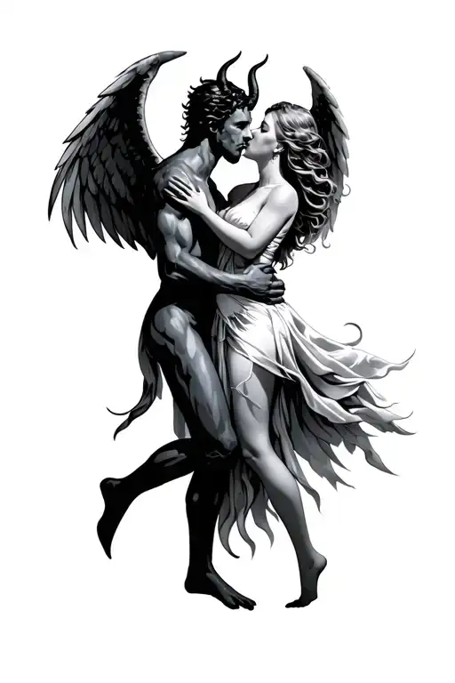 "Devil Angel loved" A Devil Who Kisses and Hugs An Angel tattoo design idea