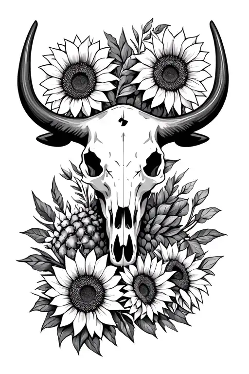 bull skull, sunflowers, cards, cactus, mandala design incorporating elements tattoo design idea