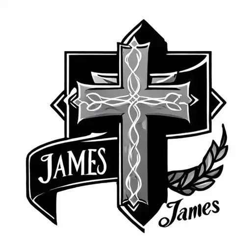 cross and name written James tattoo design idea