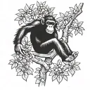 full body chimp hanging from a tree while laughing  tattoo design idea