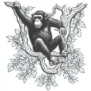 full body chimp hanging from a tree while laughing  tattoo design idea