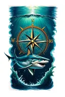 ocean and shark swimming, compass rose intertwined tattoo design idea