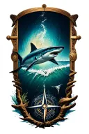ocean and shark swimming, compass rose intertwined tattoo design idea