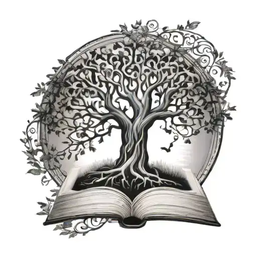 tree of life with open book in the middle tattoo design idea