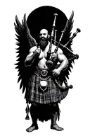 legless shirtless muscular bagpiper bald black beard playing bagpipes hoge black wings tattoo design idea