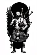 legless shirtless muscular bagpiper bald black beard playing bagpipes hoge black wings tattoo design idea