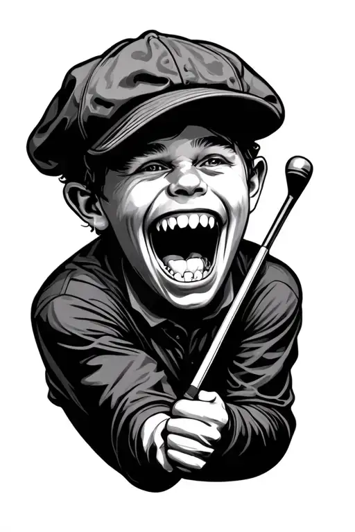 chattering teeth swinging a golf club wearing a flat cap tattoo design idea