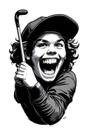 chattering teeth swinging a golf club wearing a flat cap tattoo design idea