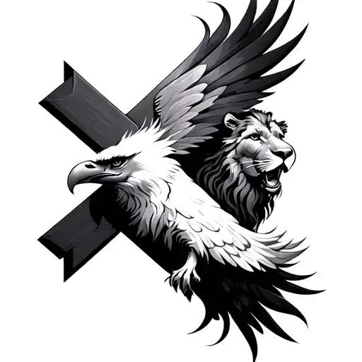abstract cross with half lion head on one side and half eagle on the other side tattoo design idea