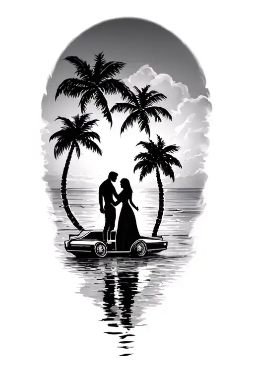 Husband and wife separating under good terms as friends they love the beaches, the palm trees water T Bucket vehicle  tattoo design idea