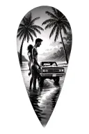 Husband and wife separating under good terms as friends they love the beaches, the palm trees water T Bucket vehicle  tattoo design idea