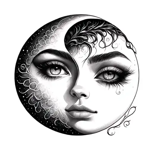 best friend sun and moon with realistic eyes and lashes tattoo design idea