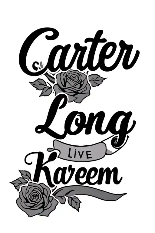 a TATTOO that says Carter with big bolded letters as the main but under it says "long live kareem" with roses and ribbon tattoo design idea