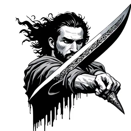 biblical fighter swinging sword tattoo design idea