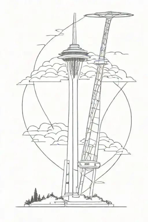 two vertical hockey sticks, top of Seattle space needle for legs  tattoo design idea