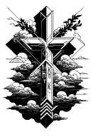 a cross with clouds in da back ground around it with the names Mk inside the left side of the cross then nyny inside the tattoo design idea