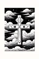 a cross with clouds in da back ground around it with the names Mk inside the left side of the cross then nyny inside the tattoo design idea