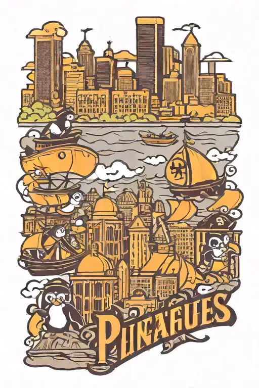 downtown Pittsburgh skyline with pirates and penguins and Steelers logo tattoo design idea