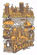 downtown Pittsburgh skyline with pirates and penguins and Steelers logo tattoo design idea