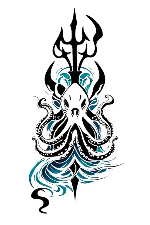 octopus, shark, waves, trident tattoo design combining tattoo design idea