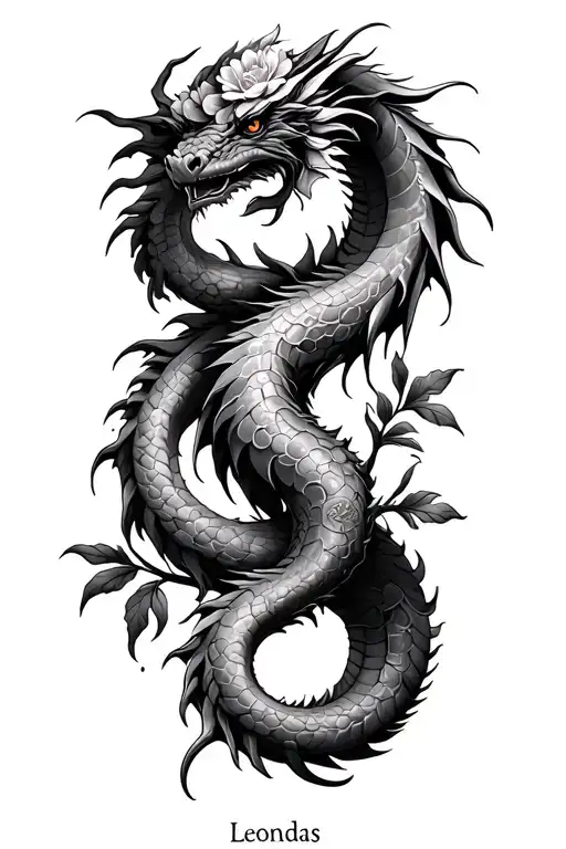 "Leonidas Maxamiliano" dragon and flowers intertwined tattoo design idea