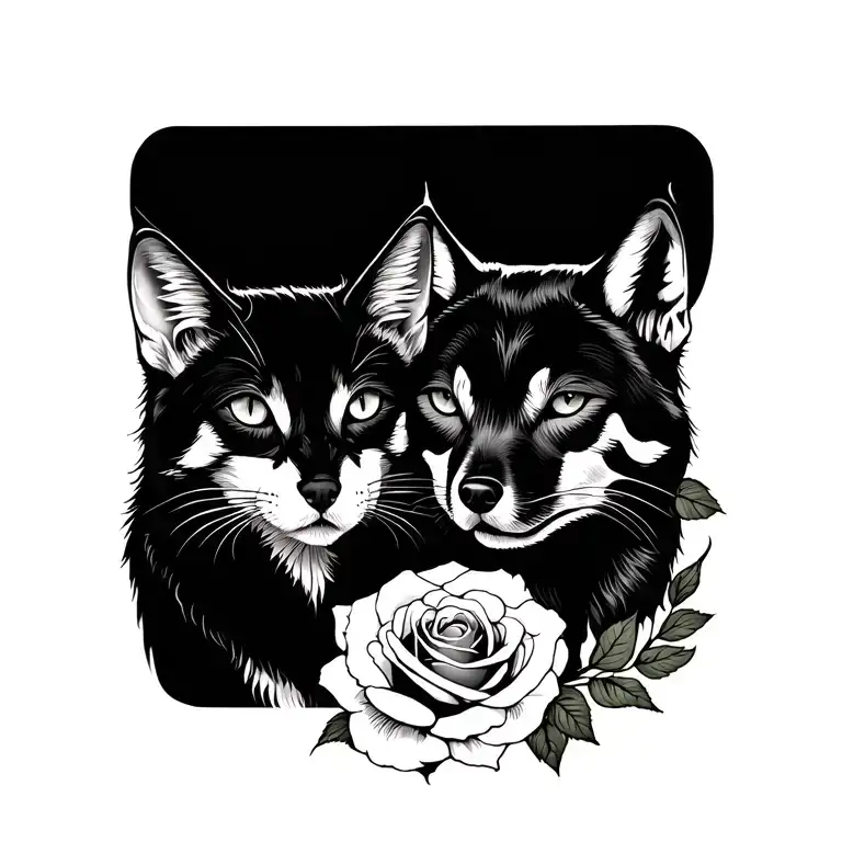 Cat and Wolf and Rose tattoo design idea
