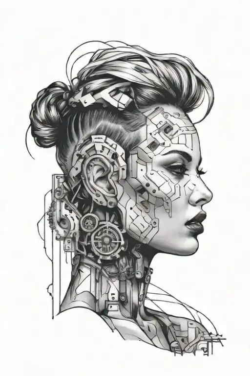 Bold and sexy aesthetic cyberpunk tattoo in black ink, featuring a womans face with captivating eyes, juicy lips and a n tattoo design idea