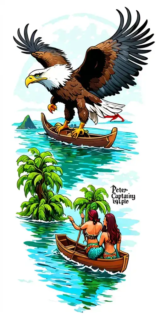 bald eagle at top of sleeve and a Peter Captain Hook in a rowboat around the elbow mermaids below. water scene  tattoo design idea