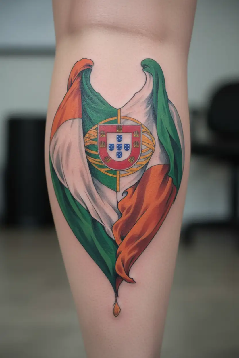 Irish and Portuguese flags inside a heart tattoo design idea