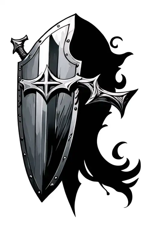 sword and shield in simple design suitable for upper back and feminine. avoid use of cross.  tattoo design idea