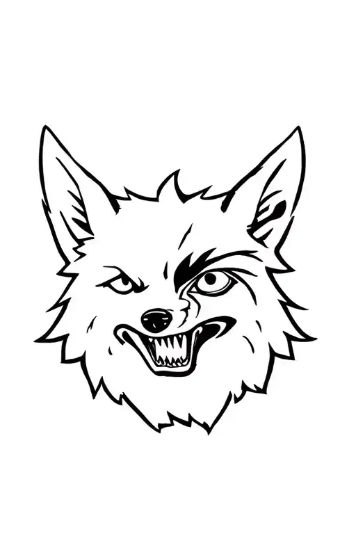 wolf head from the front showing its teeth, with a white eye and a scar at the level of this eye tattoo design idea