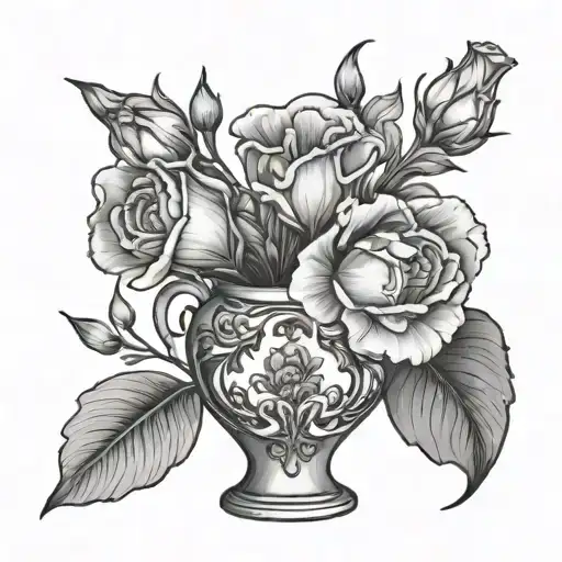 eustoma in a broken vase tattoo design idea