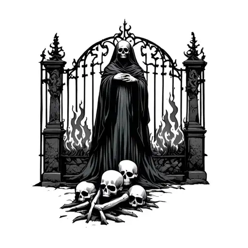 death standing on flaming skulls infront of a grave yards arched metal gates tattoo design idea