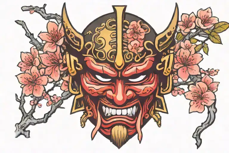 Japanese samurai mask with cherry blossoms tattoo design idea