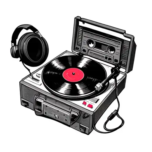 a record player, casette, and headphones. "Old School" music lover tattoo design idea