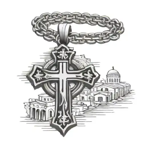 orthodox Christian cross on necklace surrounded by greek buildings tattoo design idea