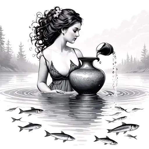 woman pouring water from vase into a lake full of fish  tattoo design idea