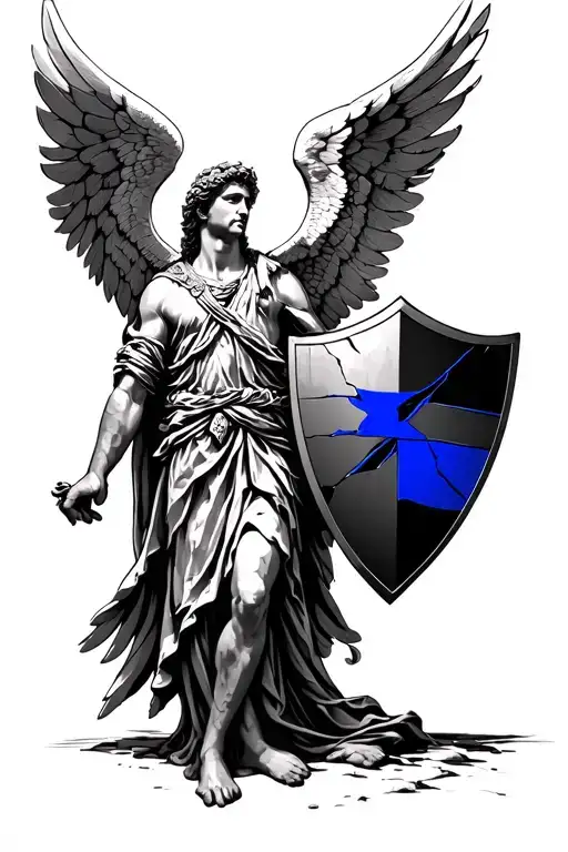 st. Michael angel with broken wings and thin blue line shield tattoo design idea