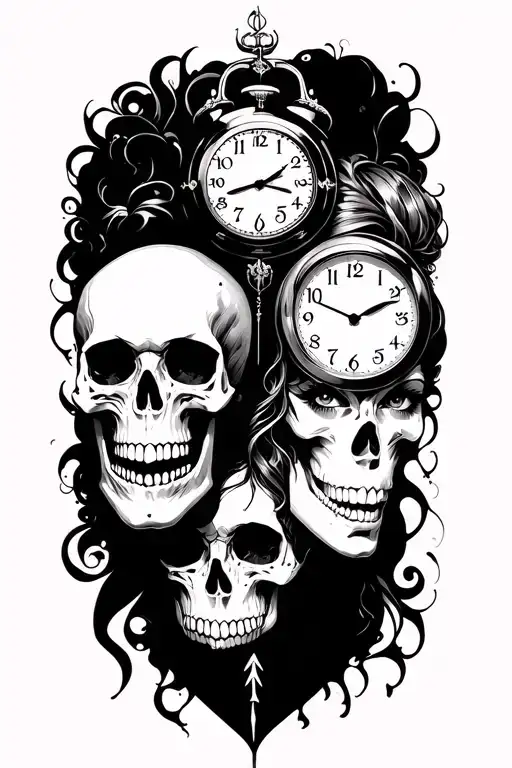 skull men and Woman time clock tattoo design idea
