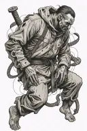 a man dressed normally in his first half in length and on his second half put a straitjacket or madness prevails tattoo design idea