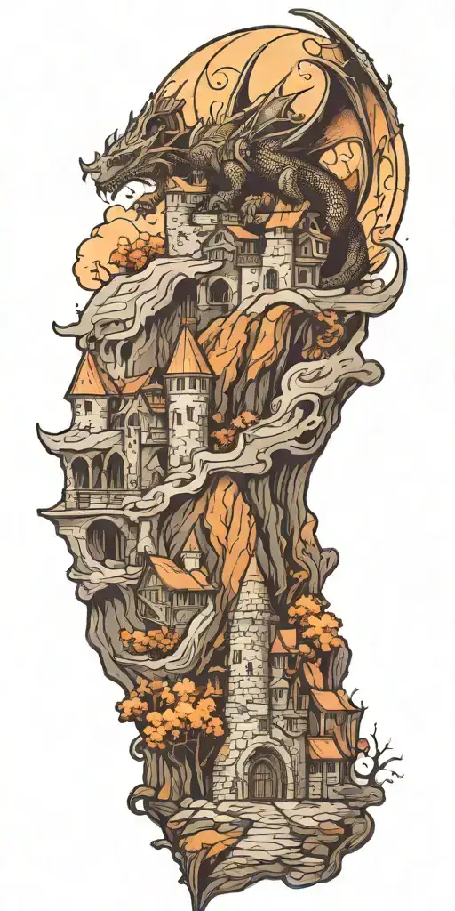 fantasy scene with castle, dragon, knight helmet and wizard tattoo design idea