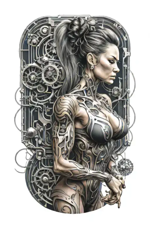 bodybuilding muscled body women with technology circuits merging tattoo design idea