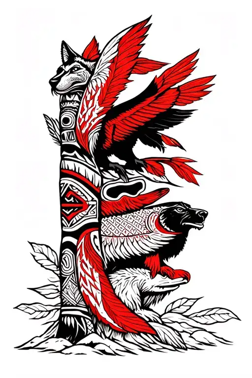 complete leg totem pole with salmon, wolf, bear and eagle in red and black native american art style tattoo design idea