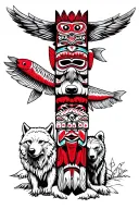 complete leg totem pole with salmon, wolf, bear and eagle in red and black native american art style tattoo design idea