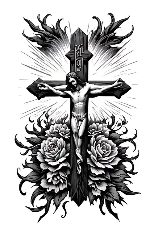 Japanese text and cross of Jesus Christ tattoo design idea